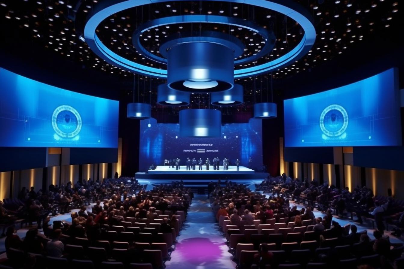 Un auditorio lleno de gente con una pantalla azul de fondo, decorado en un estilo glam futurista, con tonos marrones oscuros e índigo, y un escenario vibrante y redondeado con arreglos simétricos, evocando la sensación de una ceremonia de premiación.