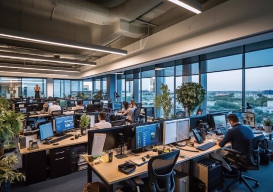 Una oficina llena de personas trabajando en escritorios, con vistas a la ciudad, en tonos oscuros de gris y azul, con un enfoque en la ingeniería, construcción y diseño tradicional, y un ambiente de pradera.