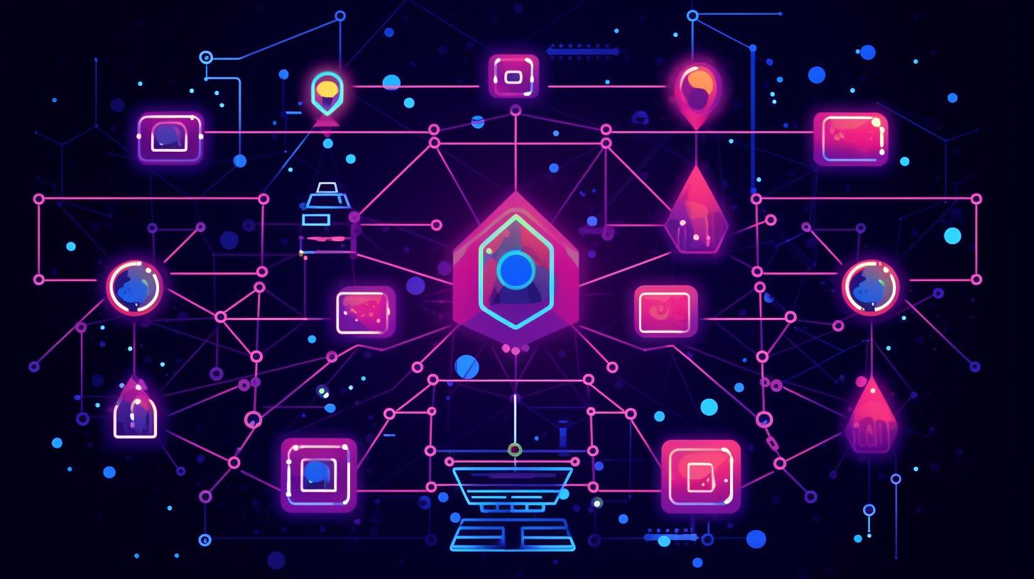 "Imagen de una representación abstracta y vibrante de blockchains y un libro de contabilidad descentralizado, con colores neón, rosa oscuro y azul cielo, en un espacio pictórico con líneas y formas precisas, iconos fragmentados, en un ambiente que recuerda a una instalación de arte en un entorno rural."