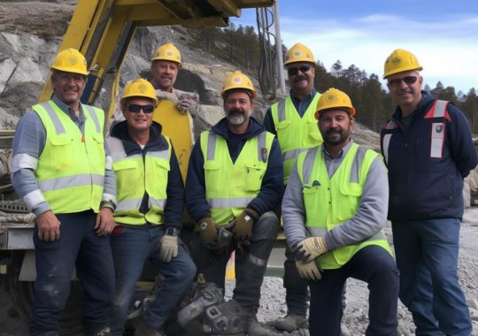 "Un grupo de trabajadores posando entre formas cristalinas y geológicas, con tonos grises claros y amarillos, en un entorno que recuerda a la naturaleza noruega y el hormigón pulido, evocando una atmósfera de alegría y transporte."