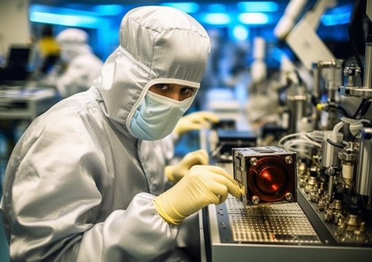 Un trabajador con equipo de protección arreglando una CPU en una mesa, con estructuras en forma de rejilla, superficies pulidas y una energía vibrante, todo en tonos de azul claro y carmesí claro, evocando el estilo del Siglo de Oro holandés.