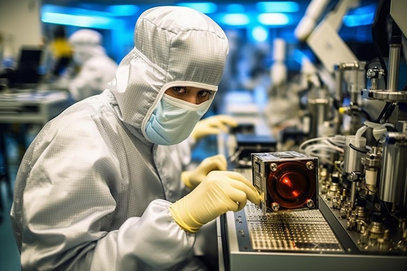 Un trabajador con equipo de protección arreglando una CPU en una mesa, con estructuras en forma de rejilla, superficies pulidas y una energía vibrante, todo en tonos de azul claro y carmesí claro, evocando el estilo del Siglo de Oro holandés.