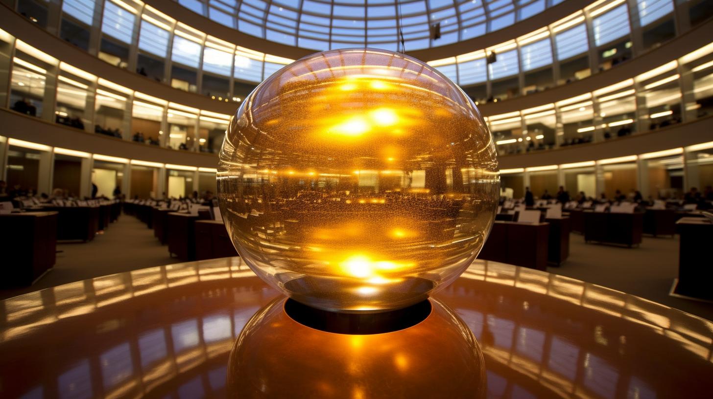 Un gran objeto redondo y amarillo sobre una mesa en un amplio salón, con reflejos luminosos en tonos dorados y ámbar, evocando la estética de una fotografía de National Geographic.