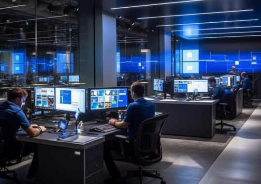 "Imagen de policías trabajando en computadoras dentro de una sala interior, con un estilo oscuro y tonos azules, mostrando transformaciones arquitectónicas en un paisaje urbano."