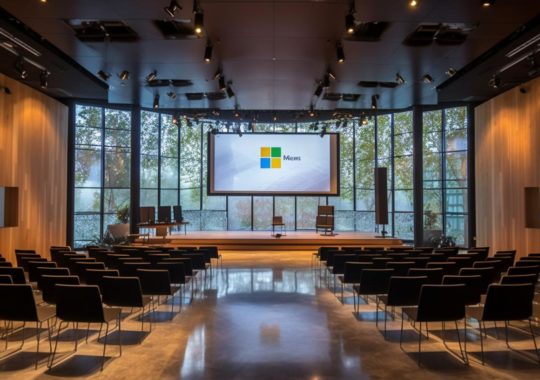 "Imagen del aula de conferencias de la Gran Academia Benedict en el centro de Microsoft en San Francisco, capturada en un estilo vibrante y dorado oscuro con fondos de escenario vivos, evocando la Escuela de Fotografía de Dusseldorf y la Escuela Pont-Aven, con un toque de De Stijl."