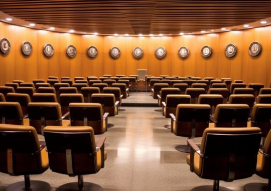 Una sala de conferencias del congreso llena de filas de sillas de cuero, decorada con medallones de terracota y arte público a gran escala, inspirada en la biología marina y el estilo confesional de la escuela de Nueva York.