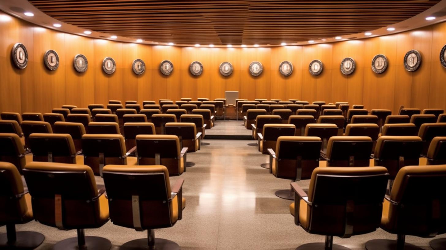 Una sala de conferencias del congreso llena de filas de sillas de cuero, decorada con medallones de terracota y arte público a gran escala, inspirada en la biología marina y el estilo confesional de la escuela de Nueva York.