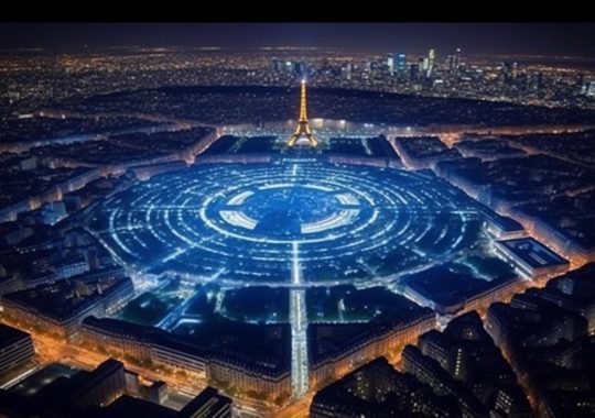 Una vista aérea de París transformada en un espectáculo de ciencia ficción, con tonos oscuros de azul y negro, creando una atmósfera rica e inmersiva.