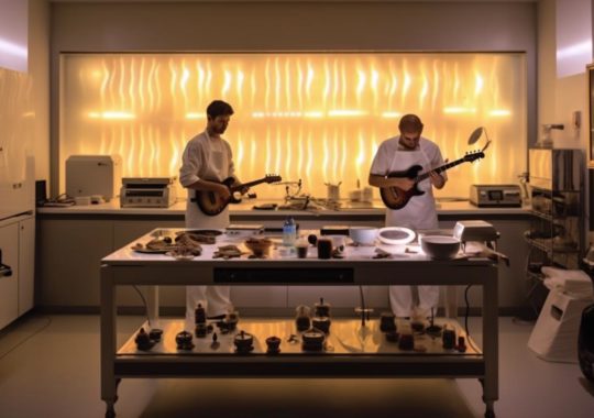 "Imagen de dos hombres tocando música en una cocina brillantemente iluminada, evocando un ambiente de exquisita artesanía y temas médicos, con superficies vidriadas en tonos blancos y ámbar claros."