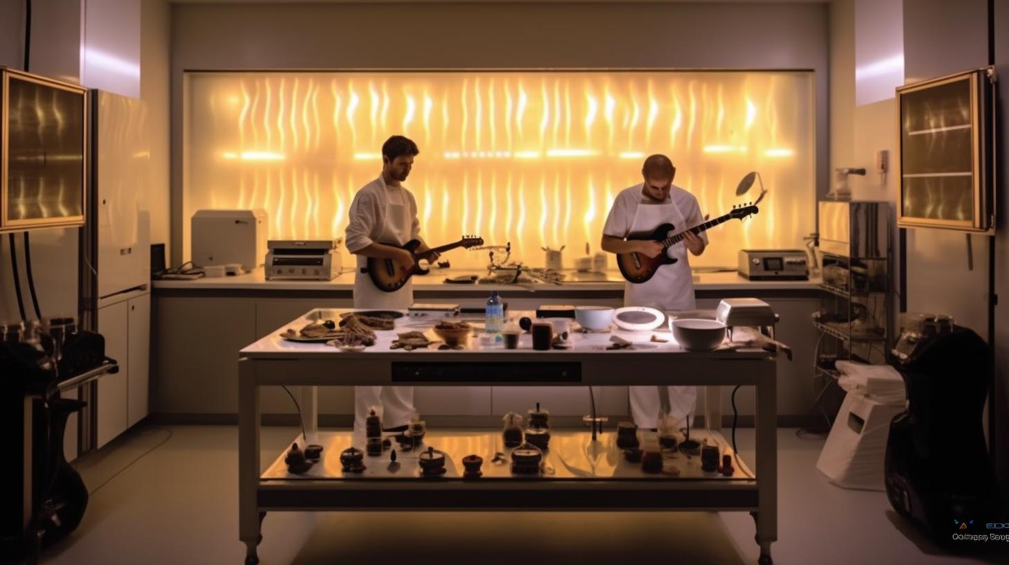 "Imagen de dos hombres tocando música en una cocina brillantemente iluminada, evocando un ambiente de exquisita artesanía y temas médicos, con superficies vidriadas en tonos blancos y ámbar claros."