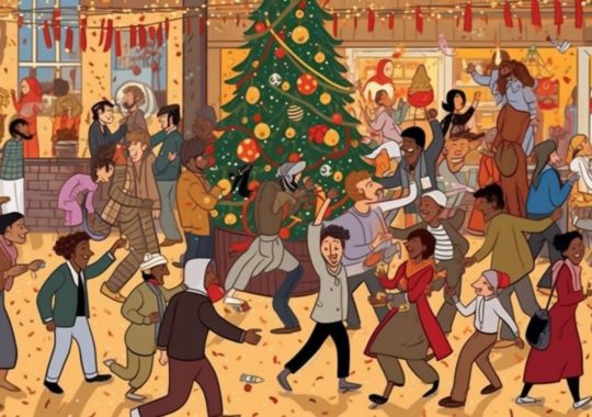 "Una ilustración vibrante y caótica de grupos de personas bailando hip-hop cerca de un árbol de Navidad, llena de detalles ocultos, inspirada en los estilos de Matt Bors, John Philip Falter y Kerem Beyit."