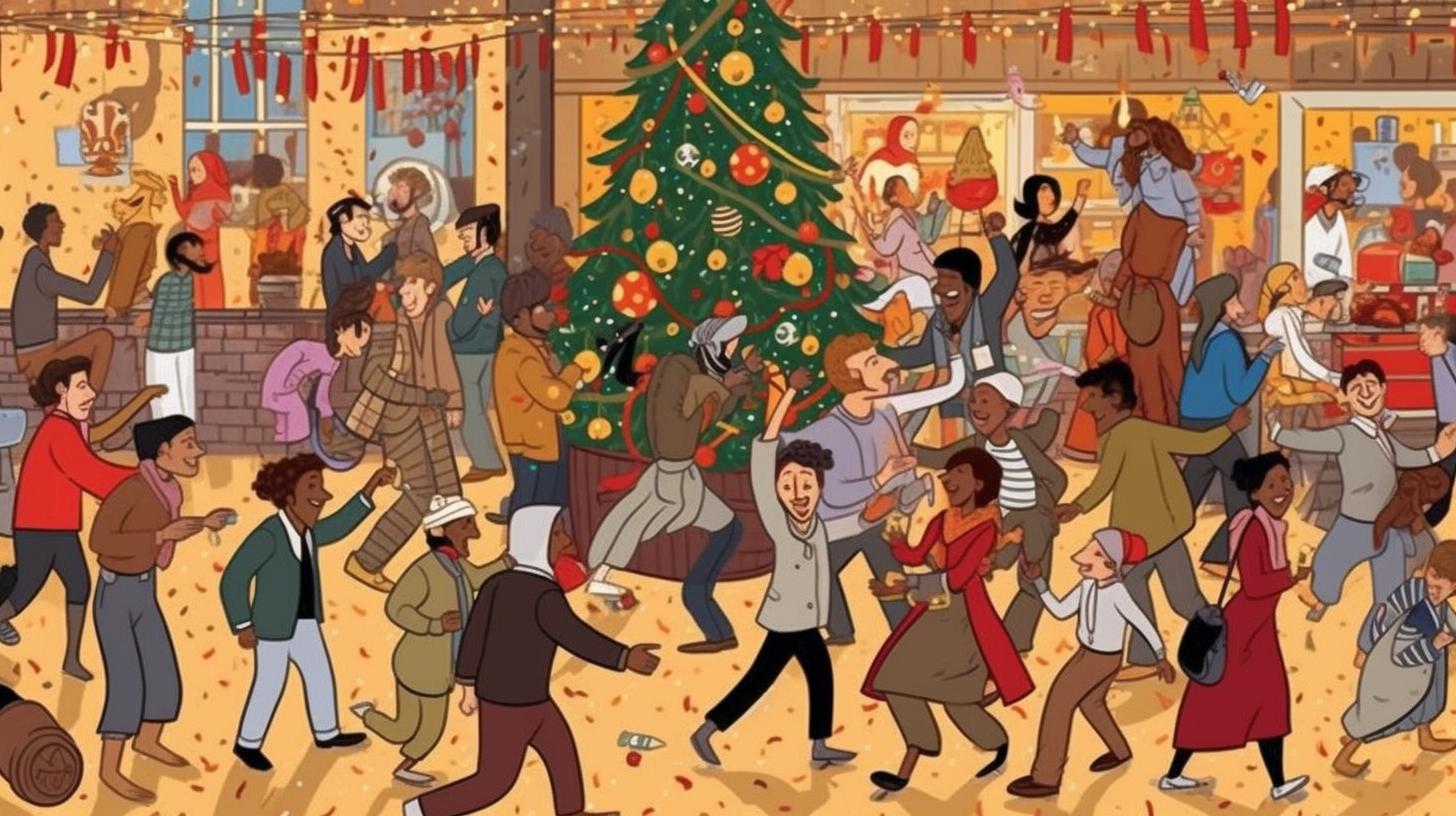 "Una ilustración vibrante y caótica de grupos de personas bailando hip-hop cerca de un árbol de Navidad, llena de detalles ocultos, inspirada en los estilos de Matt Bors, John Philip Falter y Kerem Beyit."