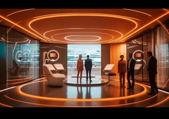 Una sala futurista iluminada en tonos naranjas, llena de máquinas modernas y figuras realistas, que evoca una escena de película con un estilo audaz pero elegante, líneas suaves y curvas, en un ambiente rico e inmersivo de post-minimalismo.