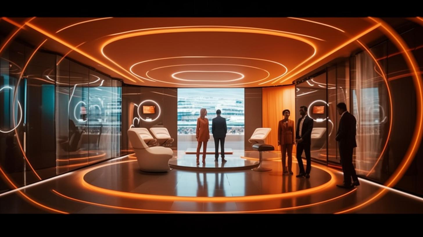 Una sala futurista iluminada en tonos naranjas, llena de máquinas modernas y figuras realistas, que evoca una escena de película con un estilo audaz pero elegante, líneas suaves y curvas, en un ambiente rico e inmersivo de post-minimalismo.