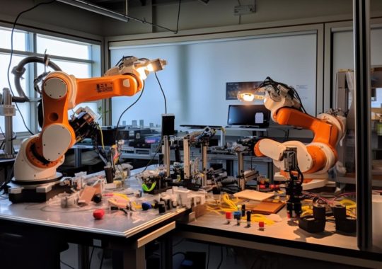 "Imagen de un laboratorio de robótica interdisciplinario donde dos robots están trabajando, con una estética de naranja claro y ámbar oscuro, modelado de superficies duras y meticulosos bodegones, con un efecto solarizado biomórfico."