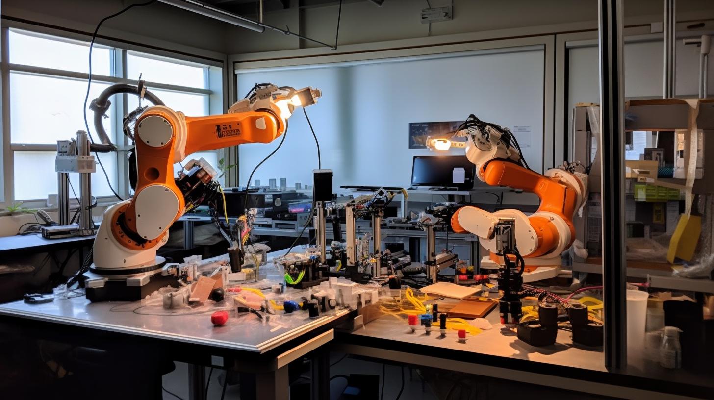 "Imagen de un laboratorio de robótica interdisciplinario donde dos robots están trabajando, con una estética de naranja claro y ámbar oscuro, modelado de superficies duras y meticulosos bodegones, con un efecto solarizado biomórfico."