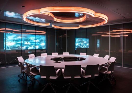 Una mesa de comedor circular iluminada con luces de neón cerca de un proyector, en un ambiente de estudio de diseño y arquitectura contemporánea con tonos oscuros, blancos y naranjas, evocando la estética del artista Ildiko Neer.