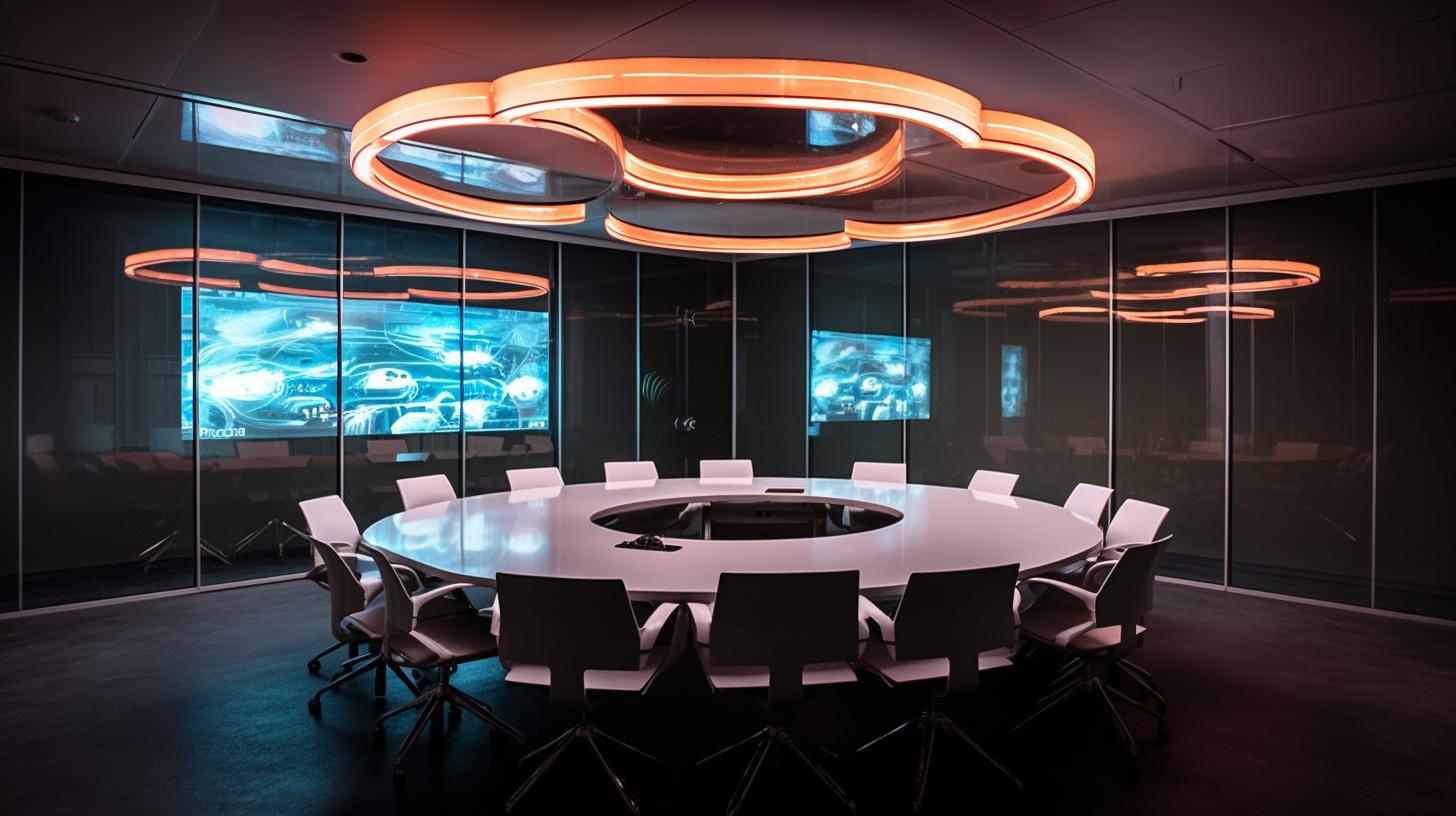 Una mesa de comedor circular iluminada con luces de neón cerca de un proyector, en un ambiente de estudio de diseño y arquitectura contemporánea con tonos oscuros, blancos y naranjas, evocando la estética del artista Ildiko Neer.