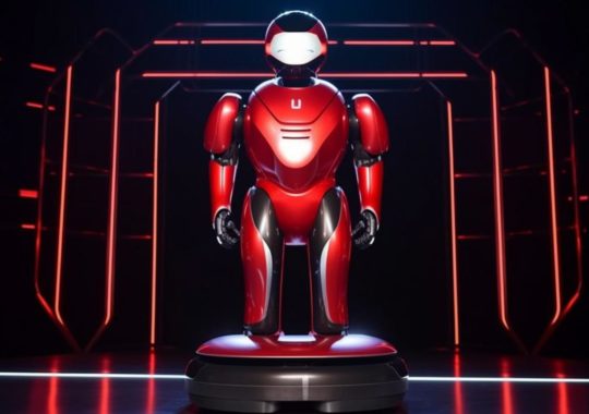 Un robot rojo detallado y realista se destaca contra un fondo de espacio oscuro, evocando una sensación futurista y de alta definición.