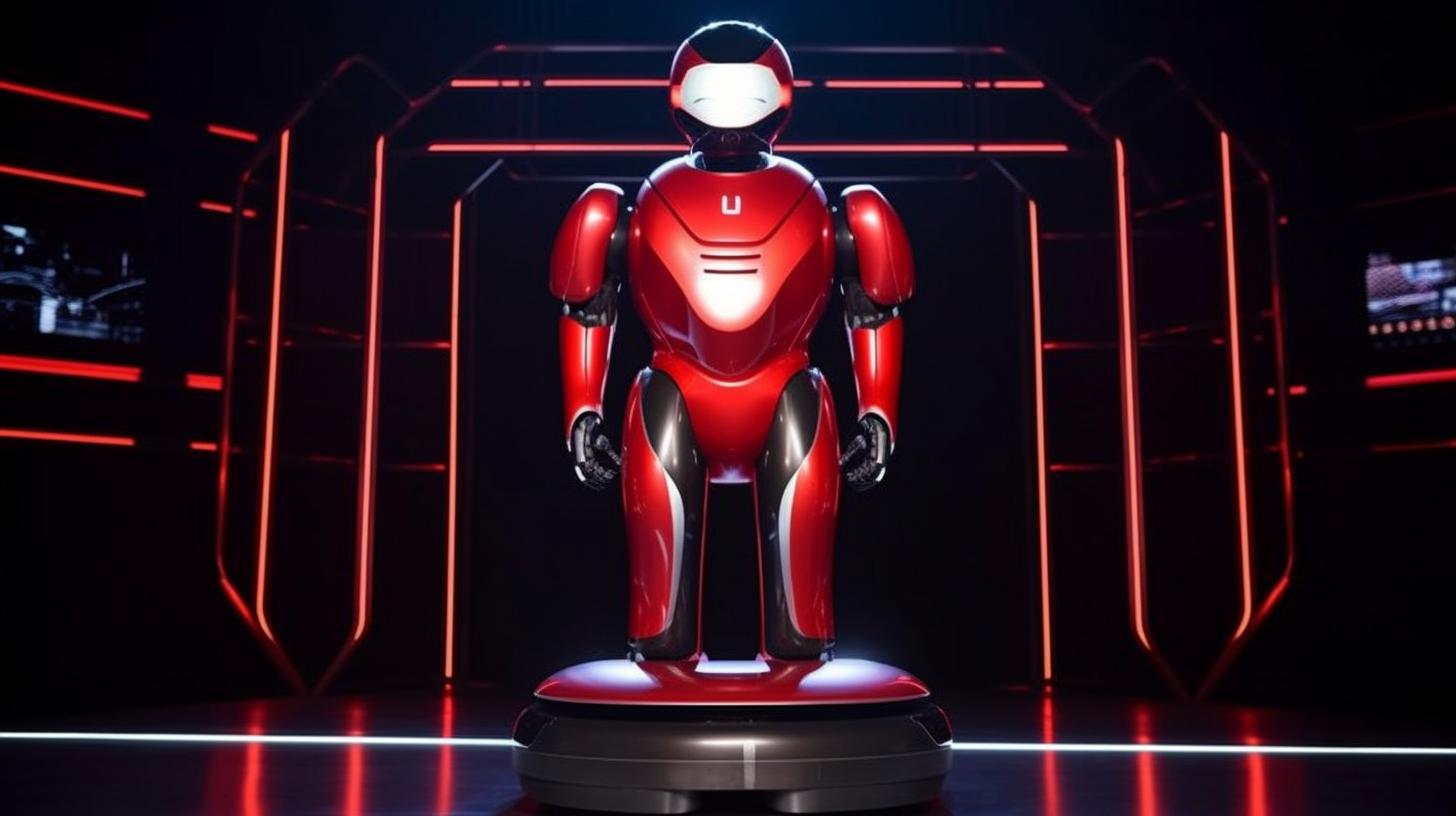 Un robot rojo detallado y realista se destaca contra un fondo de espacio oscuro, evocando una sensación futurista y de alta definición.