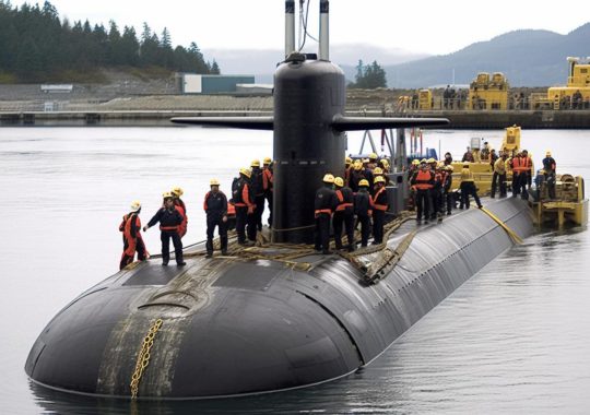 "Un submarino negro emerge de las aguas, capturado en un estilo que evoca el compromiso social y la técnica de acortamiento, con una sensación de transporte y pilas o montones presentes en la imagen."