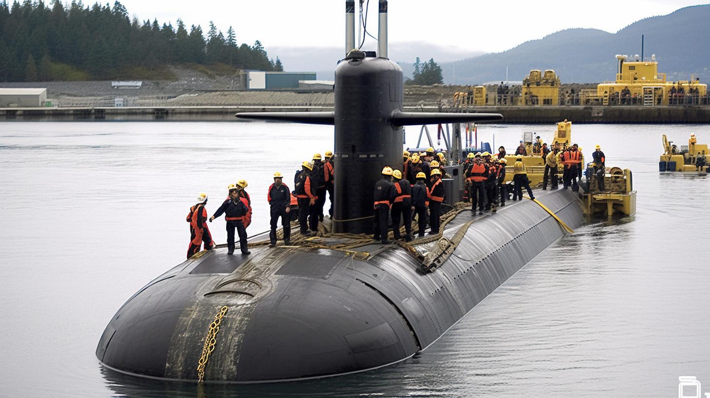 "Un submarino negro emerge de las aguas, capturado en un estilo que evoca el compromiso social y la técnica de acortamiento, con una sensación de transporte y pilas o montones presentes en la imagen."