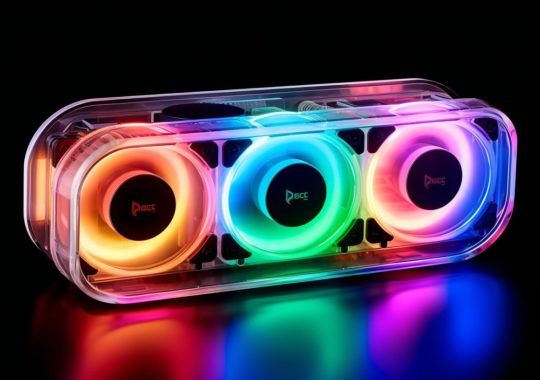 Una caja de plástico iluminada por luces LED, con paneles de luz y ruedas multicolores, en un estilo brillante y claro, evocando la estética princecore y cloudcore con un toque de neón resplandeciente.