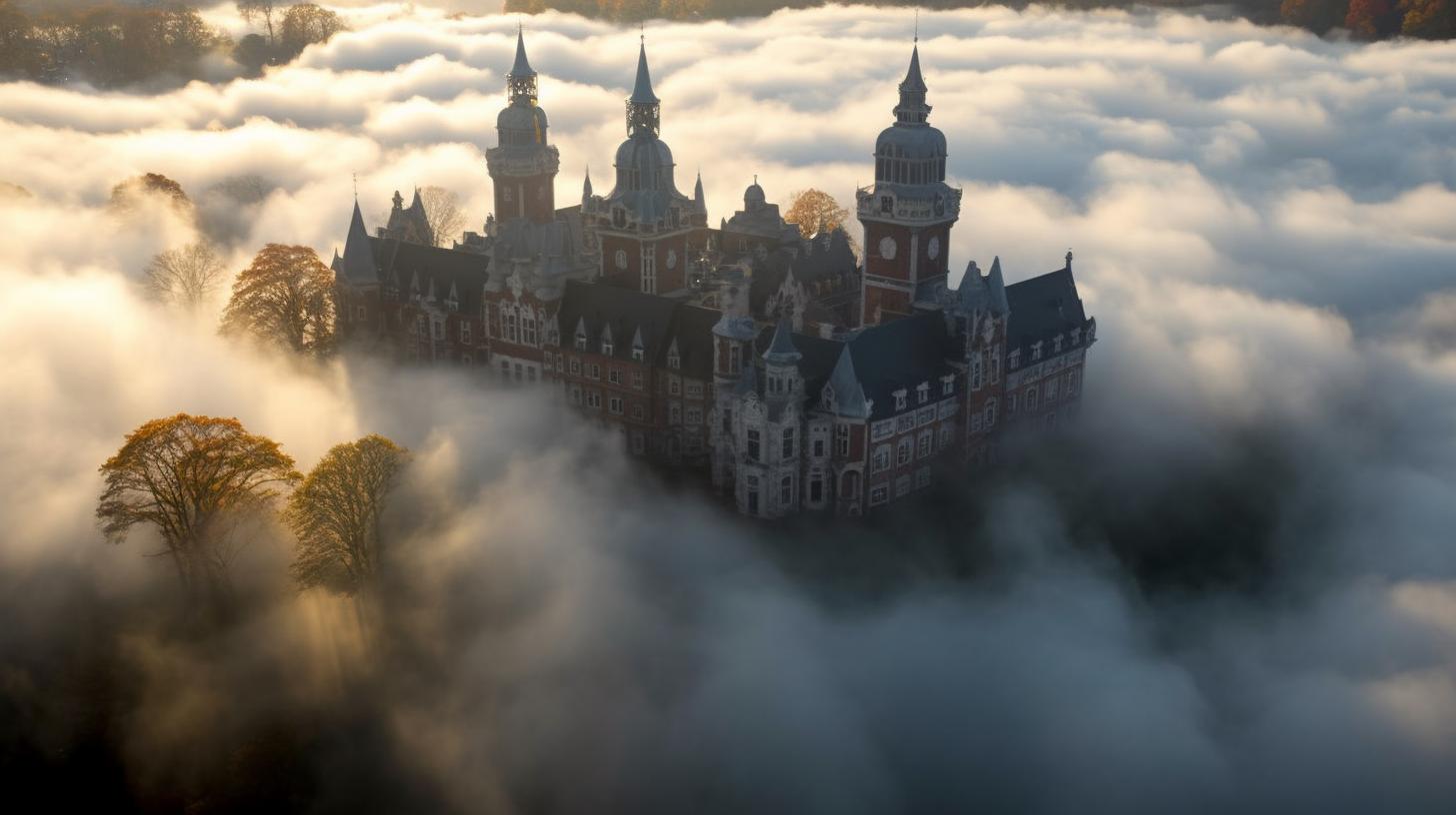 "Un castillo envuelto en una misteriosa niebla otoñal, destacando su opulenta arquitectura, evocando el estilo visual de Frieke Janssens, Wes Anderson y Hiroshi Katsuragawa."