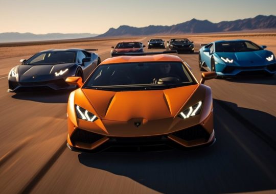 Una caravana de los últimos modelos de Lamborghini recorriendo una carretera desértica, capturada en un estilo de neo-academismo y animación exuberante, con colores predominantes de naranja oscuro y azul cielo.