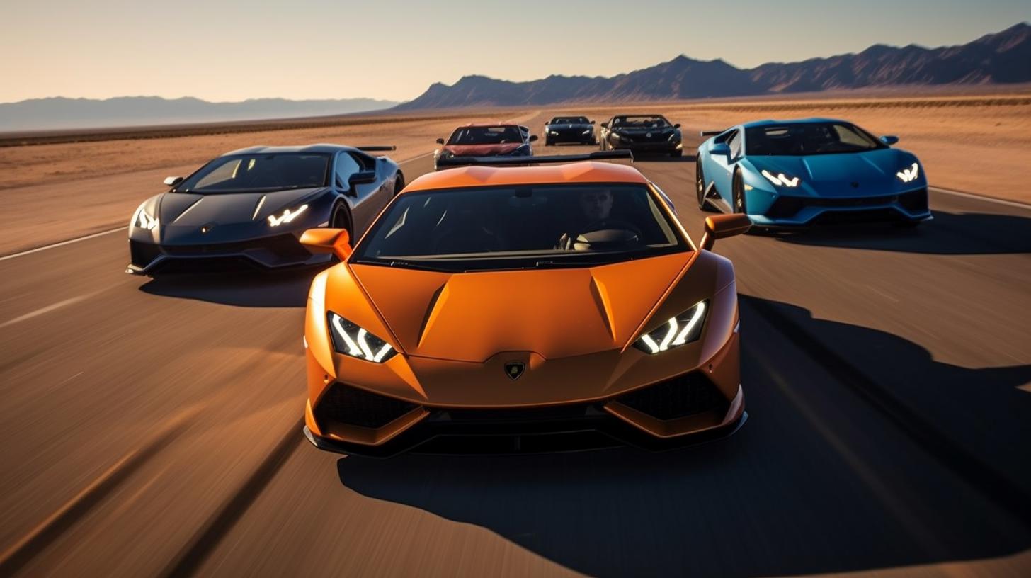 Una caravana de los últimos modelos de Lamborghini recorriendo una carretera desértica, capturada en un estilo de neo-academismo y animación exuberante, con colores predominantes de naranja oscuro y azul cielo.