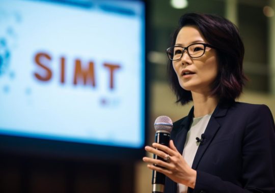 Una mujer de negocios con gafas dando un discurso en un podio en la conferencia SIMT en Asia, con un estilo que enfatiza las texturas y presenta múltiples pantallas, en tonos oscuros de naranja y dorado claro, evocando una atmósfera digna y simbolista.