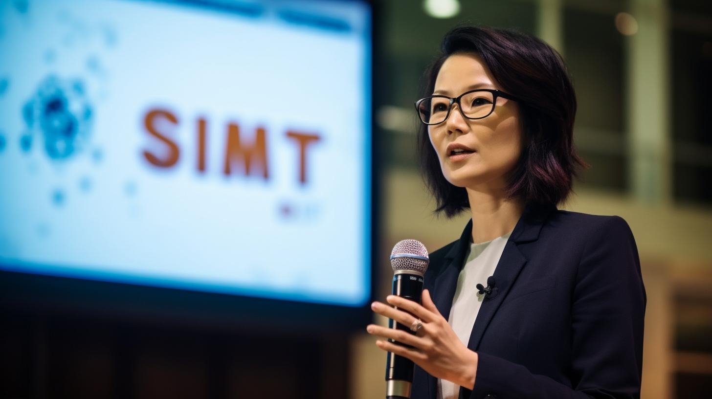 Una mujer de negocios con gafas dando un discurso en un podio en la conferencia SIMT en Asia, con un estilo que enfatiza las texturas y presenta múltiples pantallas, en tonos oscuros de naranja y dorado claro, evocando una atmósfera digna y simbolista.