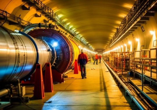 "Un grupo de hombres camina a través de un enorme túnel dentro de un vasto campo magnético, envueltos en tonos oscuros de amarillo y rojo."