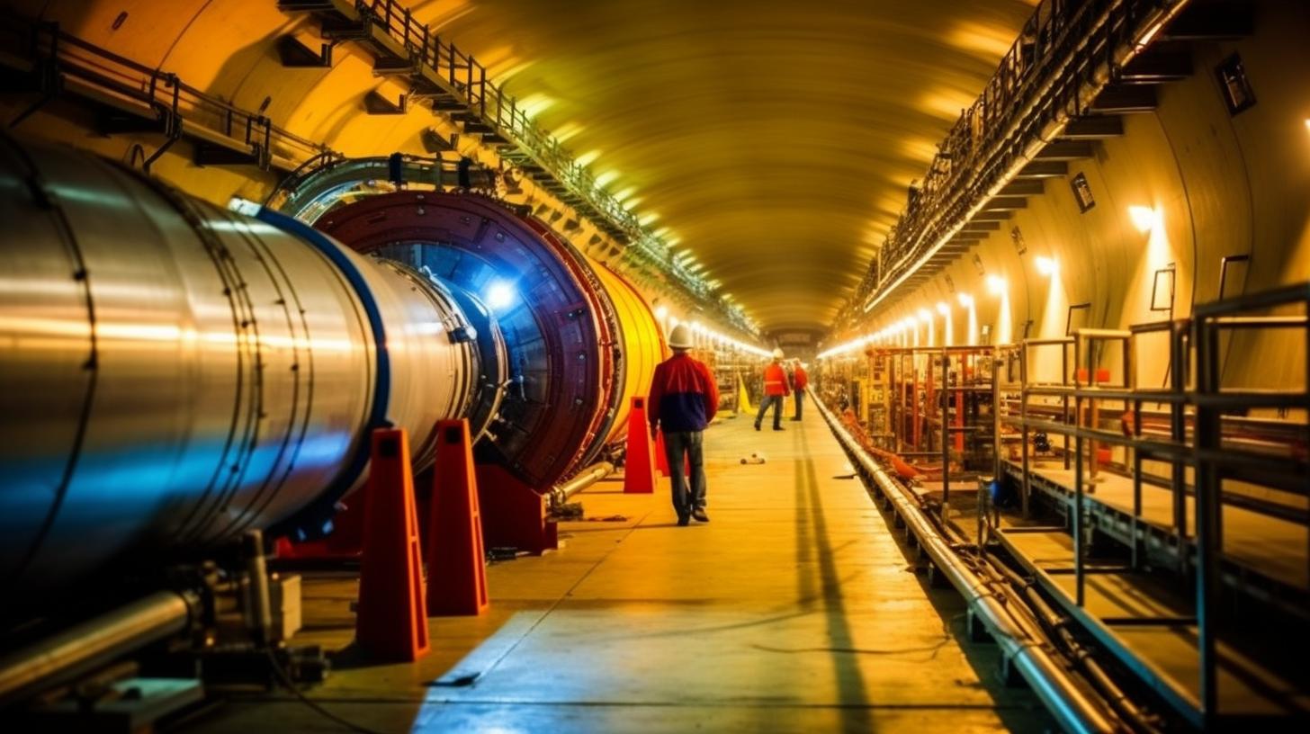 "Un grupo de hombres camina a través de un enorme túnel dentro de un vasto campo magnético, envueltos en tonos oscuros de amarillo y rojo."