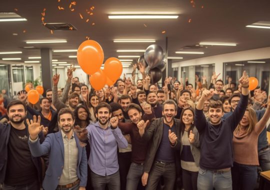 "Un grupo de personas en una oficina sonriendo y agitando globos naranjas, en un ambiente de camaradería y alegría, con un estilo uniforme y panorámico."