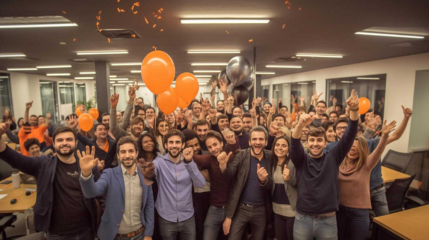 "Un grupo de personas en una oficina sonriendo y agitando globos naranjas, en un ambiente de camaradería y alegría, con un estilo uniforme y panorámico."