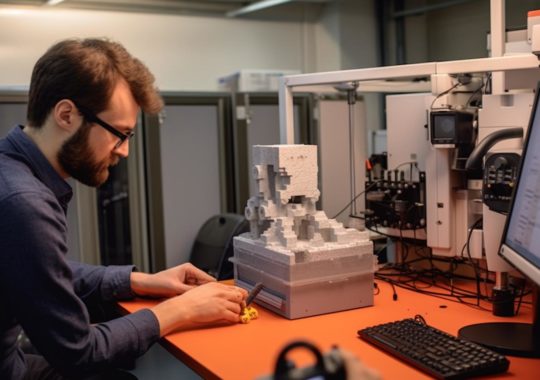 Un hombre trabajando en un dispositivo con botones, representado en un estilo de arte voxel y colores gris claro y naranja, evocando una atmósfera científica y un entorno artificial.