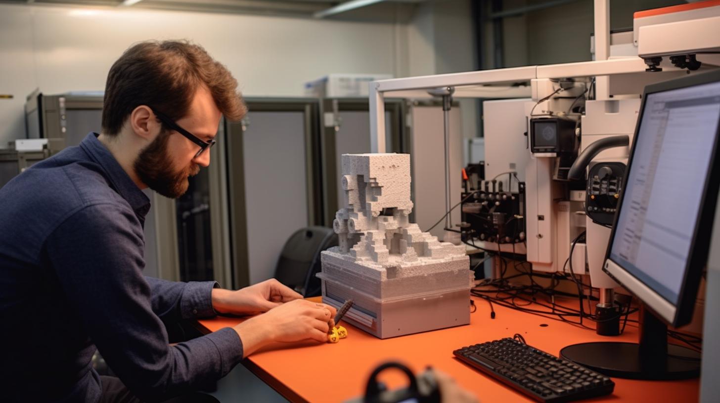 Un hombre trabajando en un dispositivo con botones, representado en un estilo de arte voxel y colores gris claro y naranja, evocando una atmósfera científica y un entorno artificial.