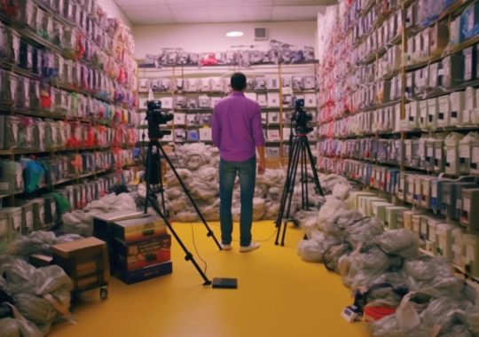 Un hombre de pie en una tienda amplia, capturado en un estilo de arte de video con tonos amarillos y violetas, evocando la sensación de las obras de Justin Roiland, Gari Melchers y Patricia Piccinini.