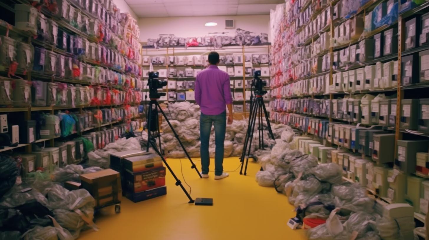 Un hombre de pie en una tienda amplia, capturado en un estilo de arte de video con tonos amarillos y violetas, evocando la sensación de las obras de Justin Roiland, Gari Melchers y Patricia Piccinini.