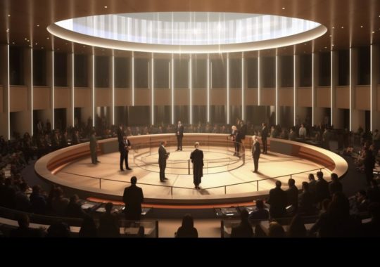 Una representación realista de una gran sala circular con figuras de aspecto real, en un estilo oscuro y académico que sugiere un comentario político, con líneas elegantes y elementos de un edificio religioso.