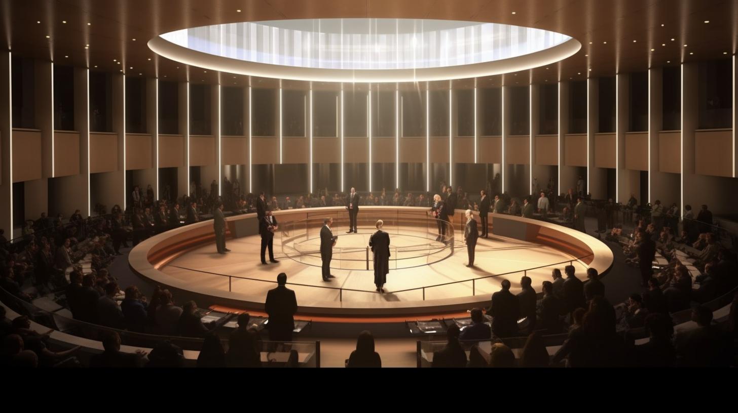 Una representación realista de una gran sala circular con figuras de aspecto real, en un estilo oscuro y académico que sugiere un comentario político, con líneas elegantes y elementos de un edificio religioso.