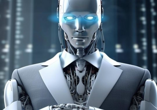 Un robot vestido con traje, preparado para convertirse en un compañero humanoide, ambientado en una distopía de ciencia ficción, con tonos oscuros de azul y plata, y un énfasis en la expresión facial.