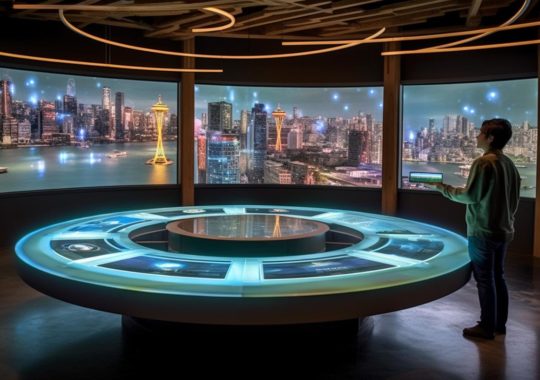 "Una sala interactiva que permite a los visitantes ver una ciudad mundial, realzada digitalmente con iconografía china y bioluminiscencia, iluminada con una luz de borde, todo presentado con una exquisita artesanía."