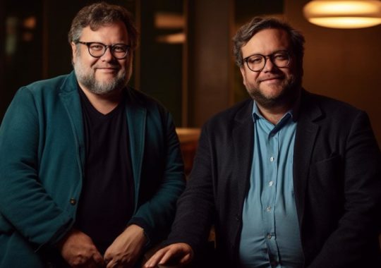 "Retrato de dos hombres tomados de la mano bajo una iluminación suave, con un estilo neo-académico y colores gris oscuro y azul cielo, evocando una sensación aguda y punzante."