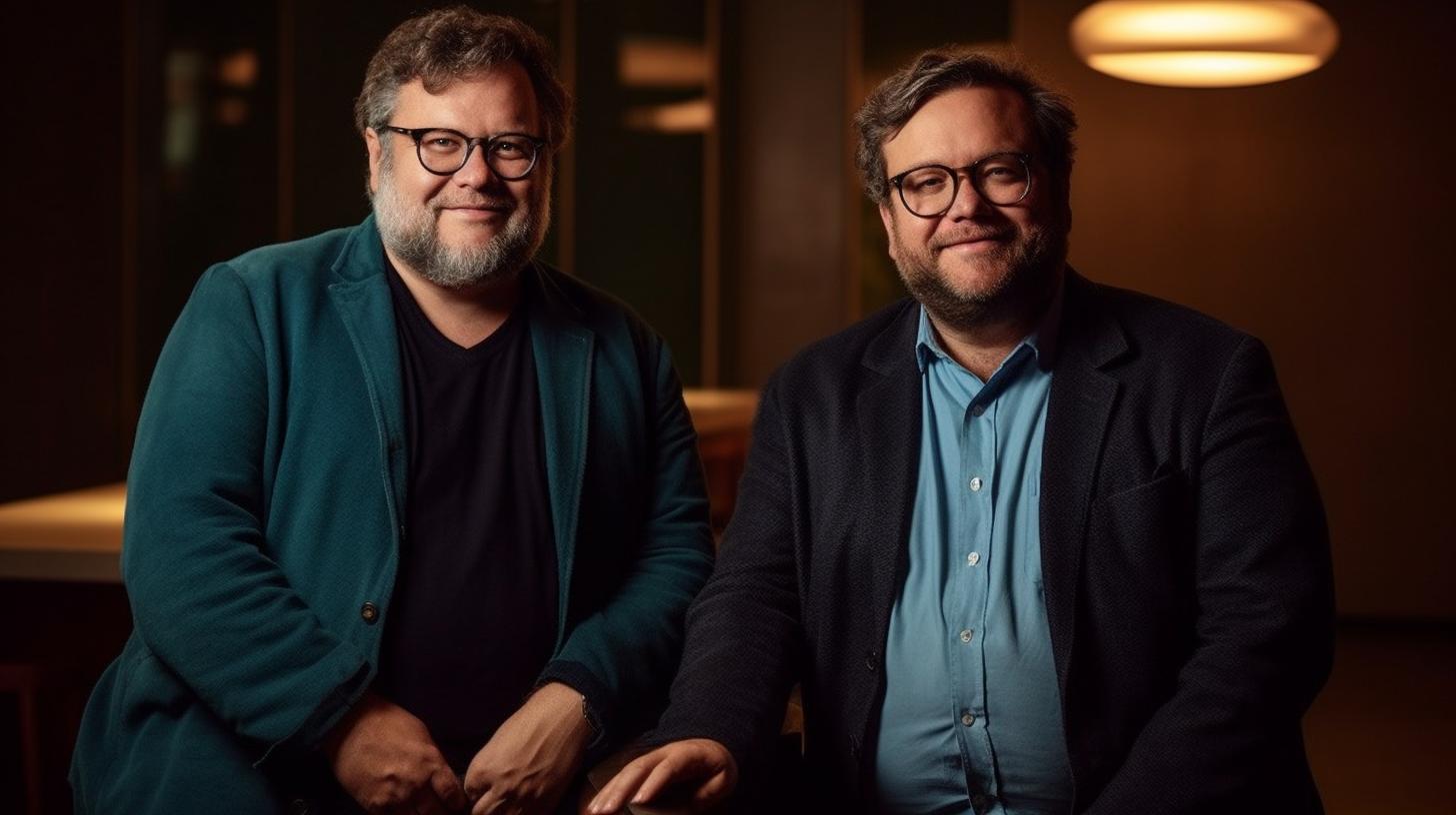 "Retrato de dos hombres tomados de la mano bajo una iluminación suave, con un estilo neo-académico y colores gris oscuro y azul cielo, evocando una sensación aguda y punzante."