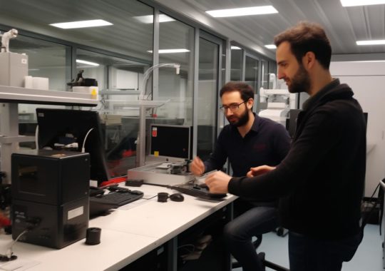 "Imagen de dos hombres examinando equipos electrónicos en un laboratorio, con una estética de luz roja suave y gris oscuro, evocando un ambiente de investigación científica."