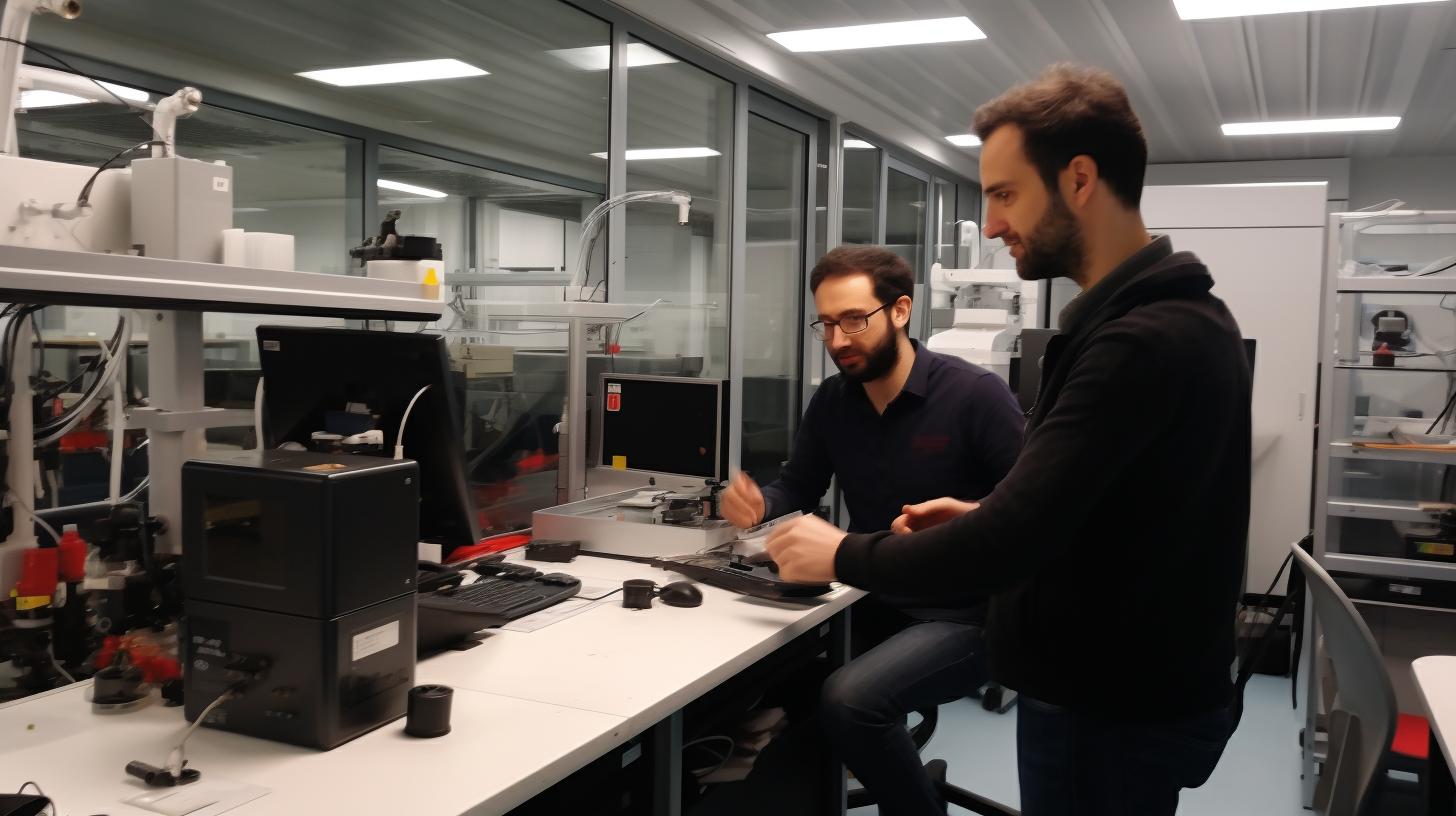 "Imagen de dos hombres examinando equipos electrónicos en un laboratorio, con una estética de luz roja suave y gris oscuro, evocando un ambiente de investigación científica."