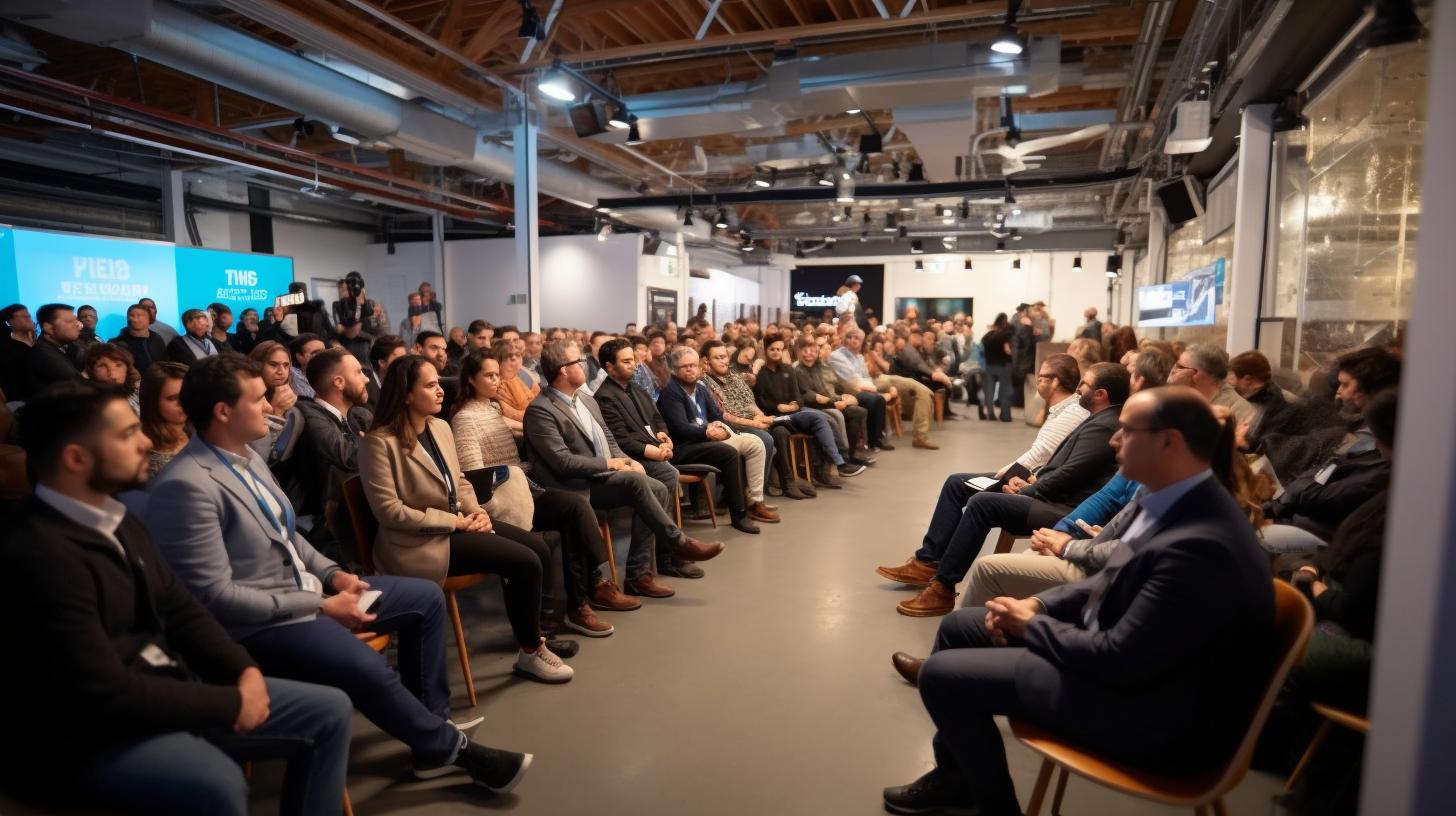 Una audiencia sentada en sillas en un espacio abierto, con un estilo de diseño industrial y de producto, evocando una experiencia interactiva y un acabado pulido.