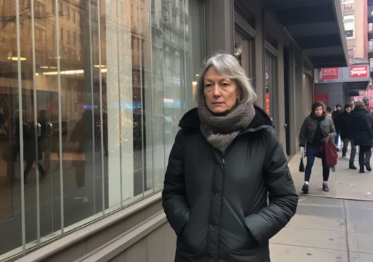 "Sally Tishkoff camina pensativa por la calle Venice de Nueva York en la víspera de la inauguración, en un retrato que evoca la estética académica en tonos grises."